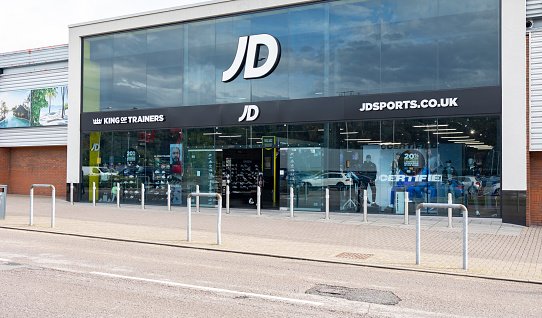 Hanley-Stoke-on-Trent, Staffordshire-United Kingdom October, 02 , 2023 An outside view of the athletic clothes store shop JD sports entrance