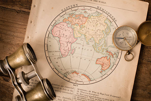 istock Antique 1870 Map of Eastern Hemisphere, Binoculars, and Compass 171375284