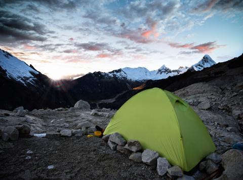 tent at sunrise high up in the Cordillera Blanca Mountain Range