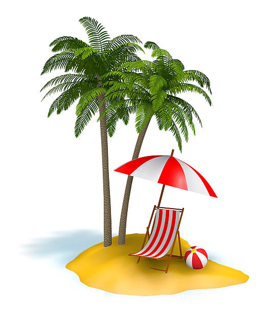 3D render of small island with palm tree and beach chair.