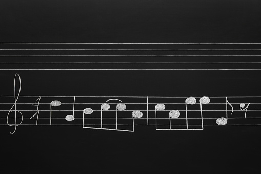 The gift box covered with musical note paper on red background.