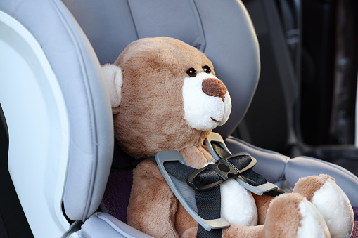 Teddy bear in child safety seat inside car