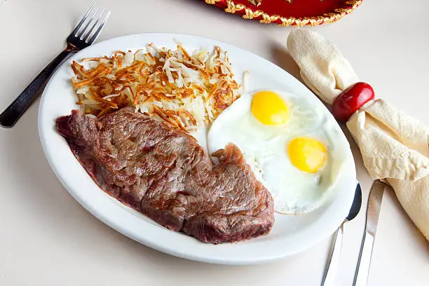 Breakfast of steak and eggs with hashbrowns. Silverware napkin with holder and corner of a sombrero for background.