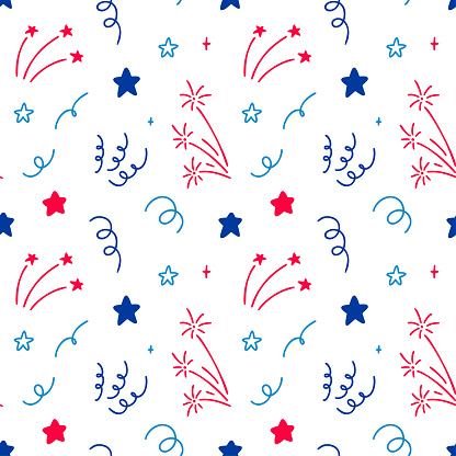 4th of July USA Independence Day doodle seamless pattern. America flag blue, red and white colors. 14th of July Happy National day of France firework design