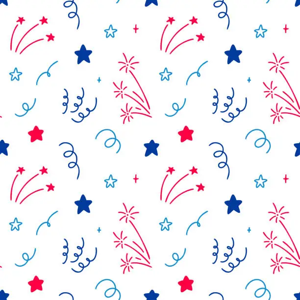 Vector illustration of 4th of July USA Independence Day doodle seamless pattern. America flag blue, red and white colors. 14th of July Happy National day of France firework design