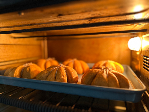 Stock photo showing close-up view of shelf inside of a hot oven with freshly prepared, homemade Halloween bread pumpkin designed rolls. Dough tied with knotted, string on non-stick baking tray.