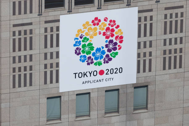 Tokyo 2020 Summer Olympics "Tokyo, Japan - June 2, 2012 : Close-up the new logo for the 2020 Summer Olympics at the Metropolitan Government Office Building in Shinjuku, Tokyo, Japan. Tokyo is the applicant city in 2020 Summer Olympics." olympic city stock pictures, royalty-free photos & images