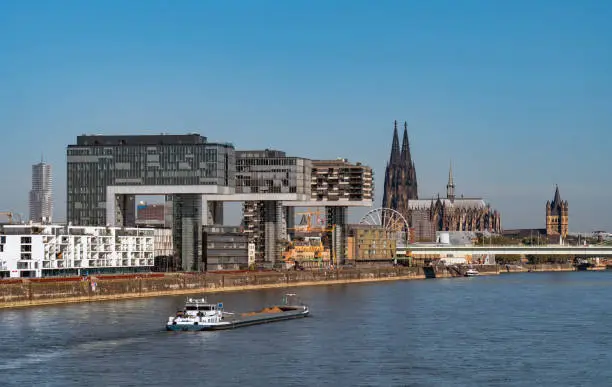 Photo of view of the Rhine River in Cologne near the Kranhaus