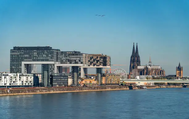 Photo of view of the Rhine River in Cologne near the Kranhaus
