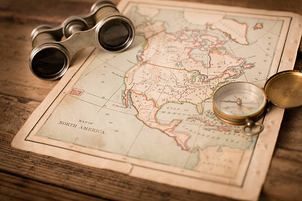 istock Antique 1870 Map of North America, Binoculars, and Compass 171379424