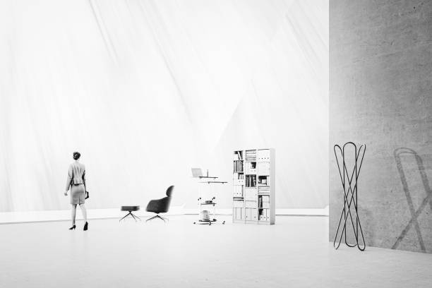 Businesswoman walking in big modern sparse office. 3D generated image.