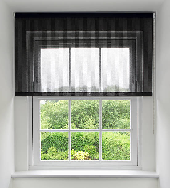 attic window and blinds a high quality white wood framed sash window set in a cove in the attic of an expensive new home. The upper window has recangular panes whilst the lower window has squares. A translucent black roller blind has been drawn halfway down the window. The view through the window is towards trees and shrubs in a garden. window latch stock pictures, royalty-free photos & images