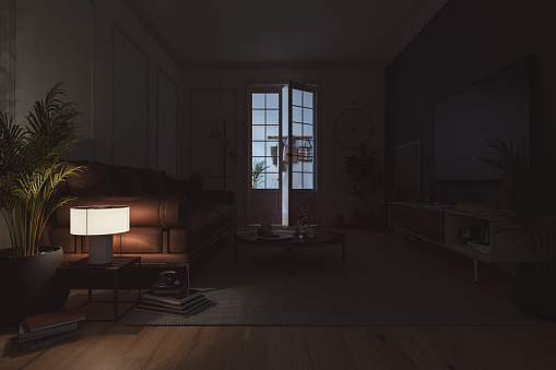 Cozy living room at night. 3D generated image.