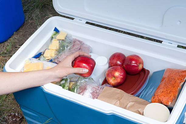 Hand reaching out for an apple out of a cooler Hand grabbing food out of a cooler. cooler container photos stock pictures, royalty-free photos & images