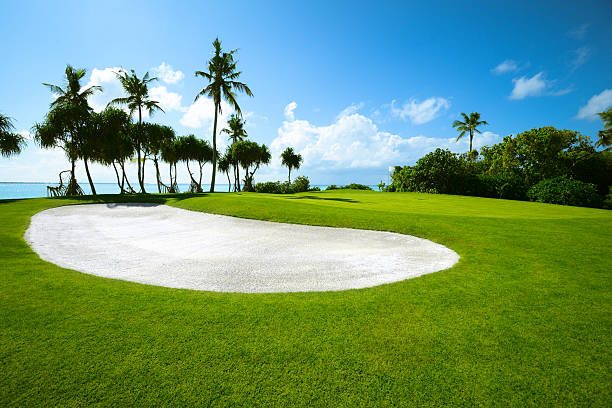 belo campo de golfe à beira-mar - golf course golf sand trap beautiful - fotografias e filmes do acervo