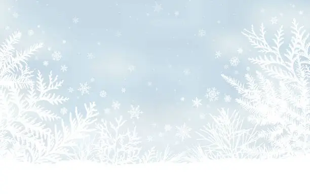 Vector illustration of Winter Holiday Background with Falling Snow and Snow Covered Trees
