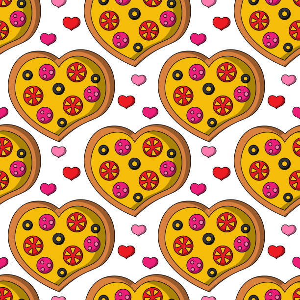 illustrazioni stock, clip art, cartoni animati e icone di tendenza di fantasia senza cuciture con pizza a forma di cuore - food lunch vegetable pattern