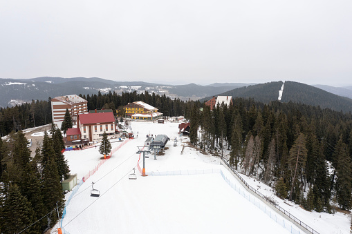 Lake Louise, Alberta, Canada - January 11 2022 : Lake Louise Ski Resort Main Lodge. Covid-19 pandemic period.