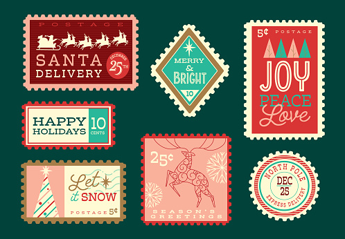 Vector illustration of a set of Christmas postage stamp with bright color palette. Retro vintage style with assorted phrases and sayings. Includes fully editable vector eps and high resolution jpg in download.