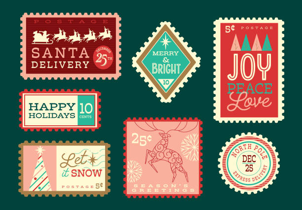 Christmas postage stamp set collection with bright color palette Vector illustration of a set of Christmas postage stamp with bright color palette. Retro vintage style with assorted phrases and sayings. Includes fully editable vector eps and high resolution jpg in download. santa letter stock illustrations