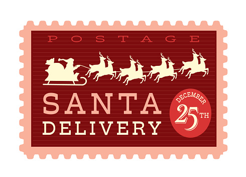 Vector illustration of a Christmas postage stamp with bright color palette. Retro vintage style with holiday wording. Includes fully editable vector eps and high resolution jpg in download.