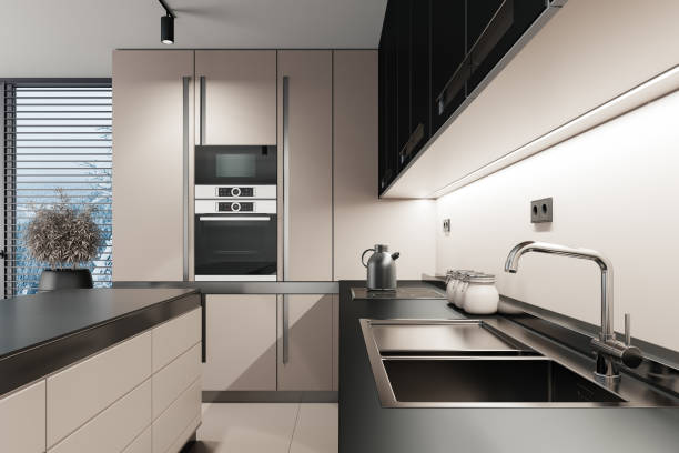 istock Luxury Black and beige Modern minimalist kitchen on two walls. Dark and beige materials. 1713825332
