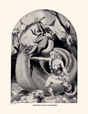 Authentic vintage engraving circa late 19th century. Digital restoration -without artificial intelligence- by pictore. 
Sigurd or Siegfried is a legendary hero of Germanic heroic legend, who killed a dragon..