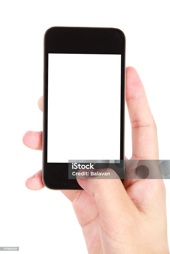 Hand holding leeren Bildschirm Smartphone auf weißem Hintergrund - Lizenzfrei Flachbettscanner Stock-Foto