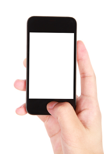 Mano sosteniendo teléfono inteligente con pantalla en blanco sobre fondo blanco photo