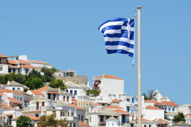 istock Greek flag swinging on a post 171383358
