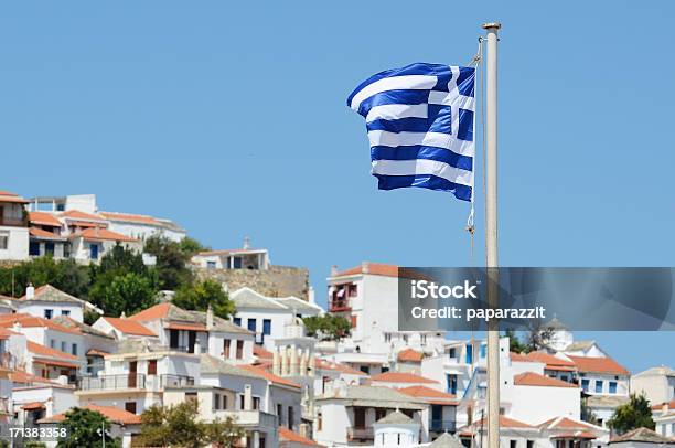 Greek Flag Swinging On A Post Stock Photo - Download Image Now - Backgrounds, Blue, City