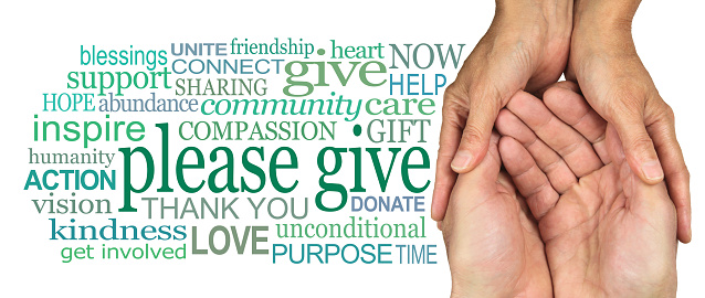 female hands gently cupped around male cupped hands on a white background beside a green word cloud relevant to charitable giving