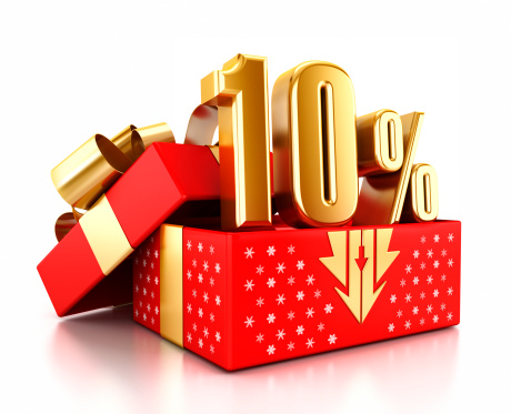Gold 10% text inside an open gift box decorated with snowflakes. Christmas sale concept.Similar images: