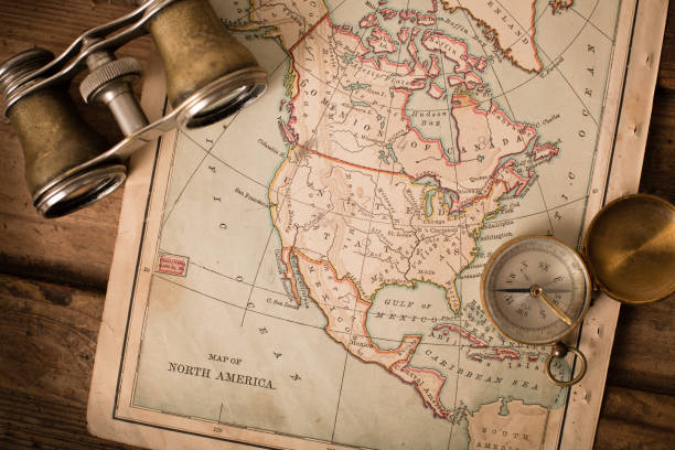 istock Antique 1870 Map of North America, Binoculars, and Compass 171385094