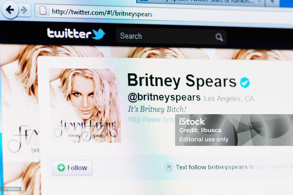 Twitter profile page of Britney Spears on RGB laptop monitor "Borgosesia, Italy - June 20, 2011: Twitter profile page of Britney Spears on RGB laptop monitor. Britney Spears is a famous American pop singer and entertainer." Britney Spears Stock Photo