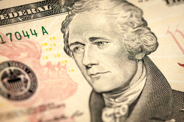 Alexander Hamilton 10 dólares americanos detalhe - foto de acervo