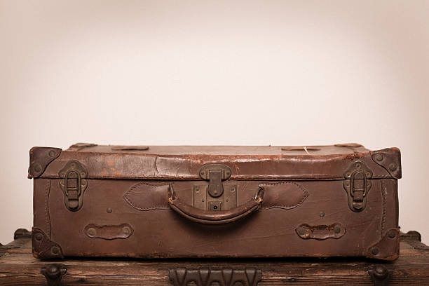 istock Retro Brown Suitcase Sitting on Old Wood Trunk 171385716