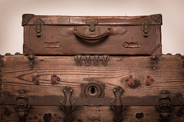 istock Retro Brown Suitcase Sitting on Old, Wood Trunk 171385718
