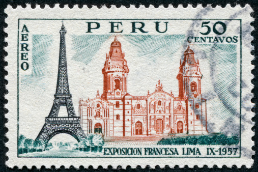 Cancelled Stamp From Peru Commemorating The French Exposition Of 1957.