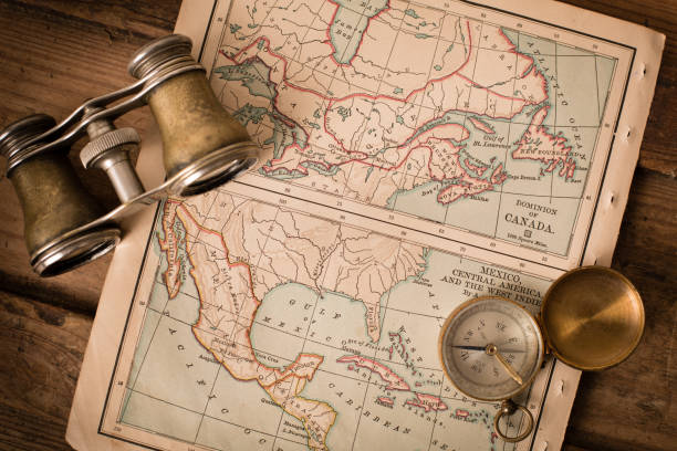 istock Antique 1870 Map of Canada/Mexico, Binoculars, and Compass 171385816