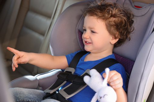 Cute little boy with toy rabbit pointing at something in child safety seat inside car