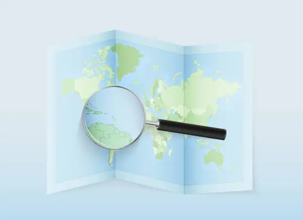Vector illustration of A folded world map with a magnifying lens pointing towards Saint Vincent and the Grenadines. Map and flag of Italy in loupe.