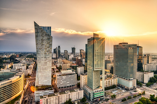 Aerial view of center of Warsaw in the evening, Poland