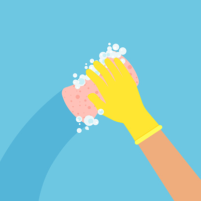 Houseworker wipes the surface. Hand with sponge in a protective rubber yellow glove. Cleaning and disinfection. Vector illustration in a flat style.