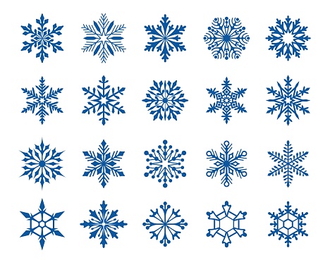 Snowflakes. Set of varied snowflakes. Design element for Christmas, New Years and Winter Holidays. Isolated blue silhouette on white background. Vector