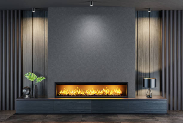 istock Modern minimalist living room with modern fireplace 1713887686