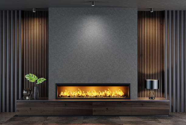 istock Modern minimalist living room with modern fireplace 1713887696