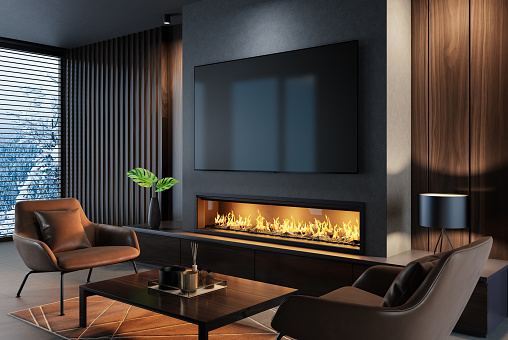 Modern and minimalist living room with 8K TV flat screen wall-mounted. Modern armchairs and fireplace. 3d renderings.