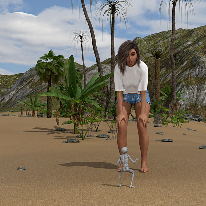 3d illustration of a young woman wearing shorts and a white top leaning down to look at a small gray alien looking up at her in surprise.