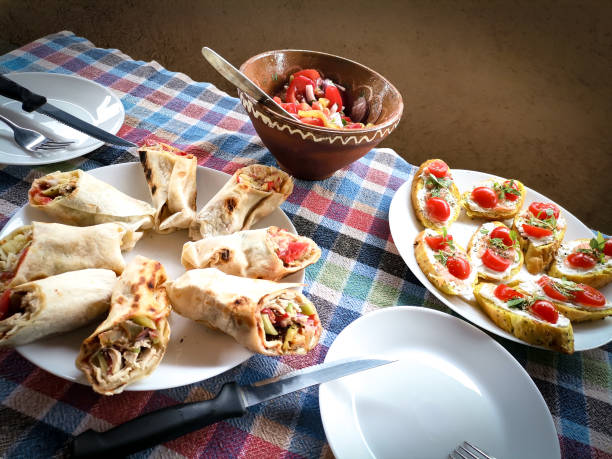 istock Burrito, green salad and Bruschetta 1713901393